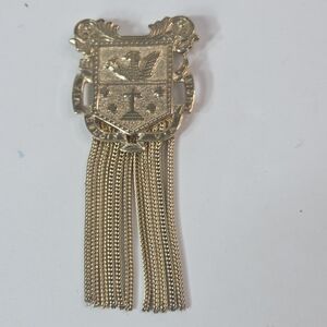 vtg 60s catholic griffin and cross coat of arms brooch fringe tassel gold tone
